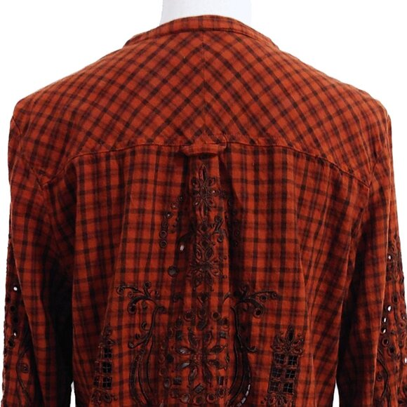 Johnny Was 3J Workshop Brown Checked Half-Button Shirt Eyelet/Peek a Boo Detail - Picture 7 of 9